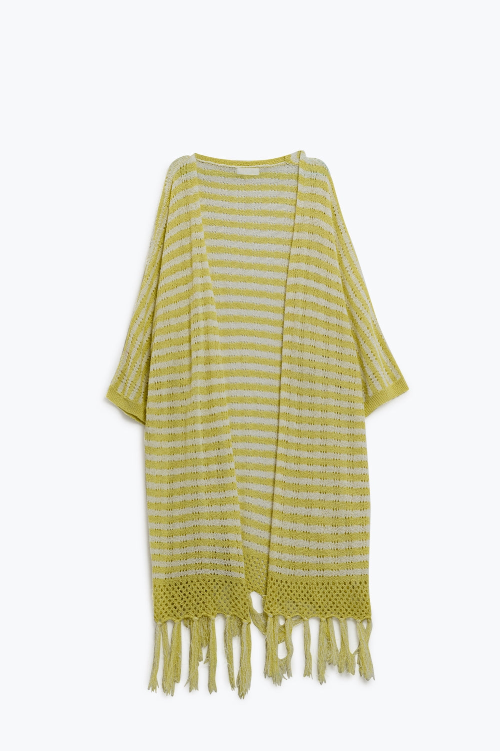 Q2 Yellow Boho Style Cardigan With Stripes Pointelle Knit and Fringe Details