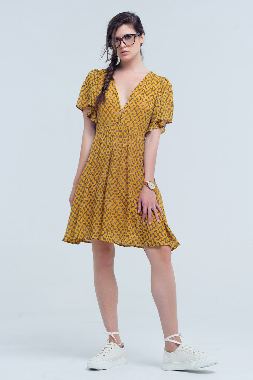 Yellow dress with flight and geometric pattern Q2 Dresses BoutiqueLua