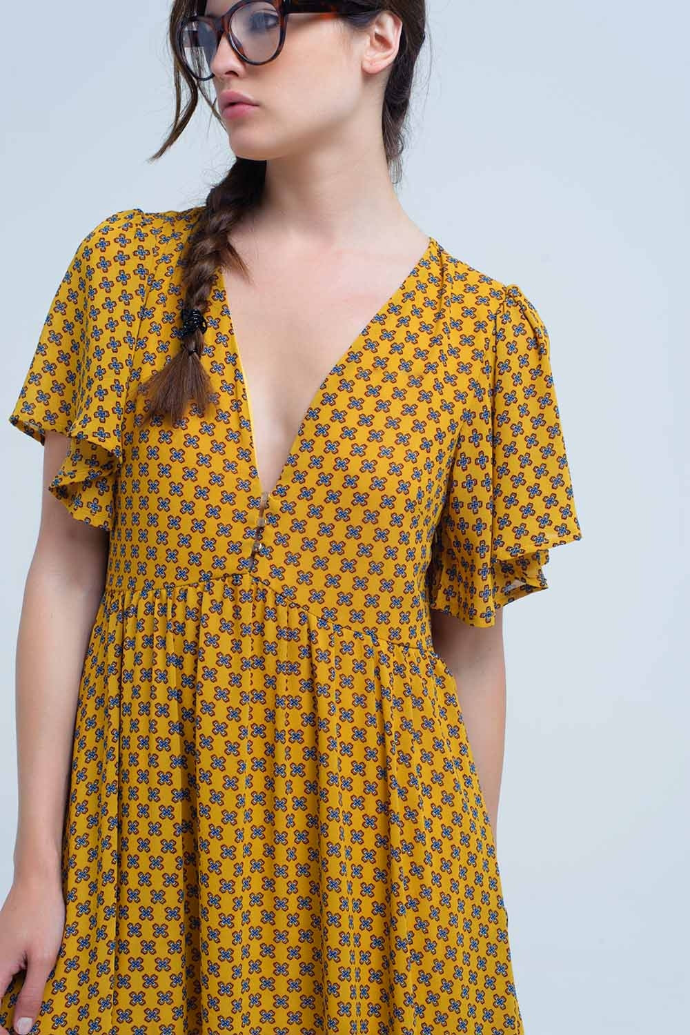 Yellow dress with flight and geometric pattern Q2 Dresses BoutiqueLua