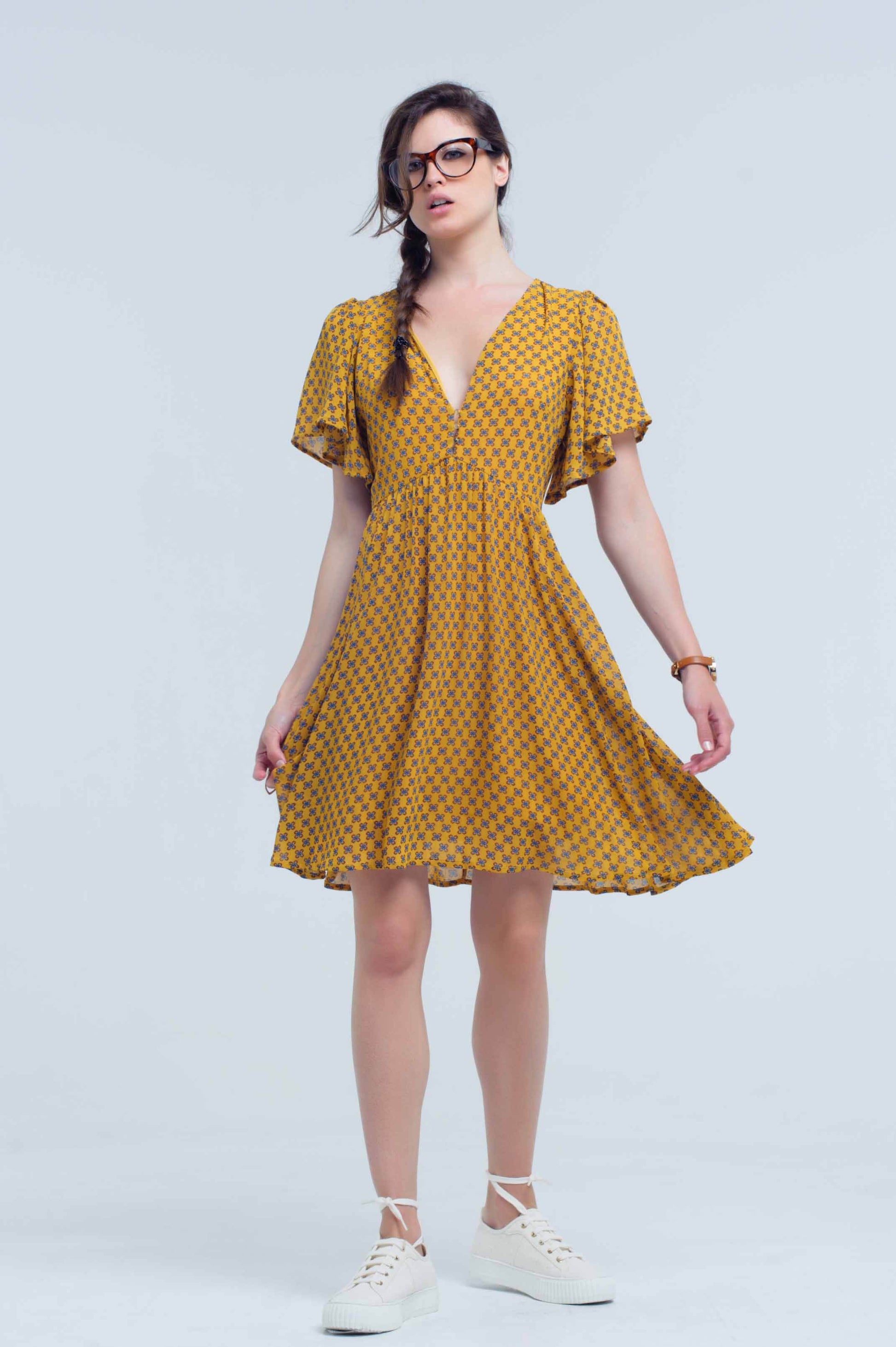 Yellow dress with flight and geometric pattern Q2 Dresses BoutiqueLua