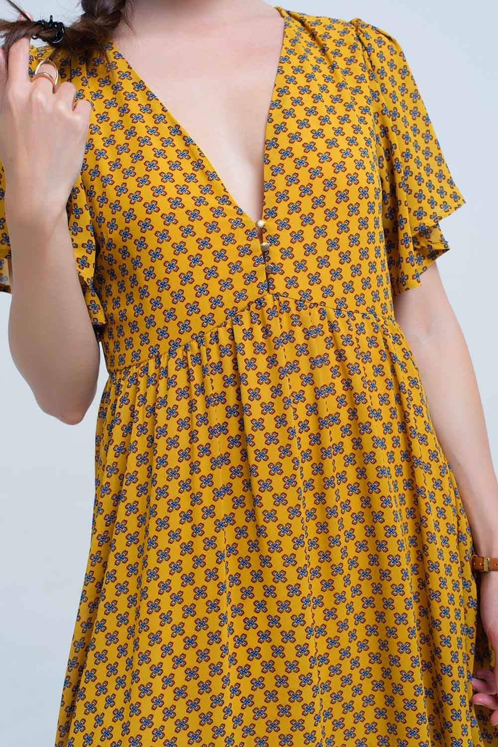 Yellow dress with flight and geometric pattern Q2 Dresses BoutiqueLua