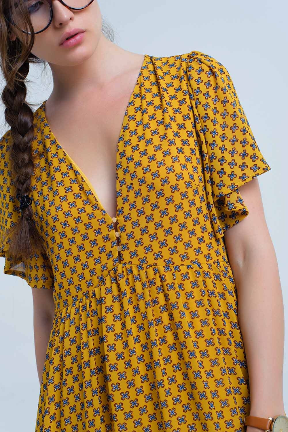 Yellow dress with flight and geometric pattern Q2 Dresses BoutiqueLua