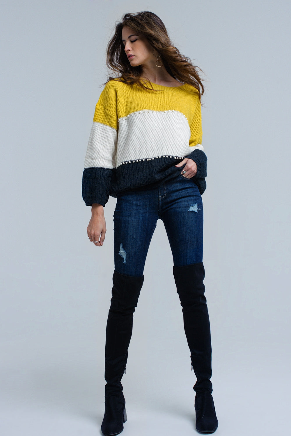 Yellow knitted sweater with pearls Q2 Sweaters BoutiqueLua