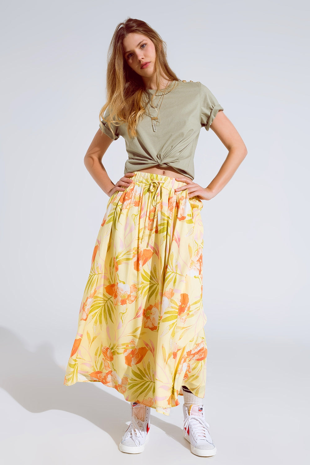 yellow maxi skirt with tropical print Q2 Skirts BoutiqueLua