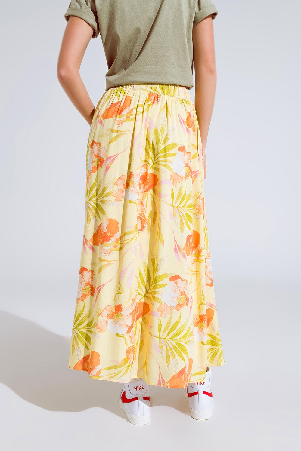 yellow maxi skirt with tropical print Q2 Skirts BoutiqueLua