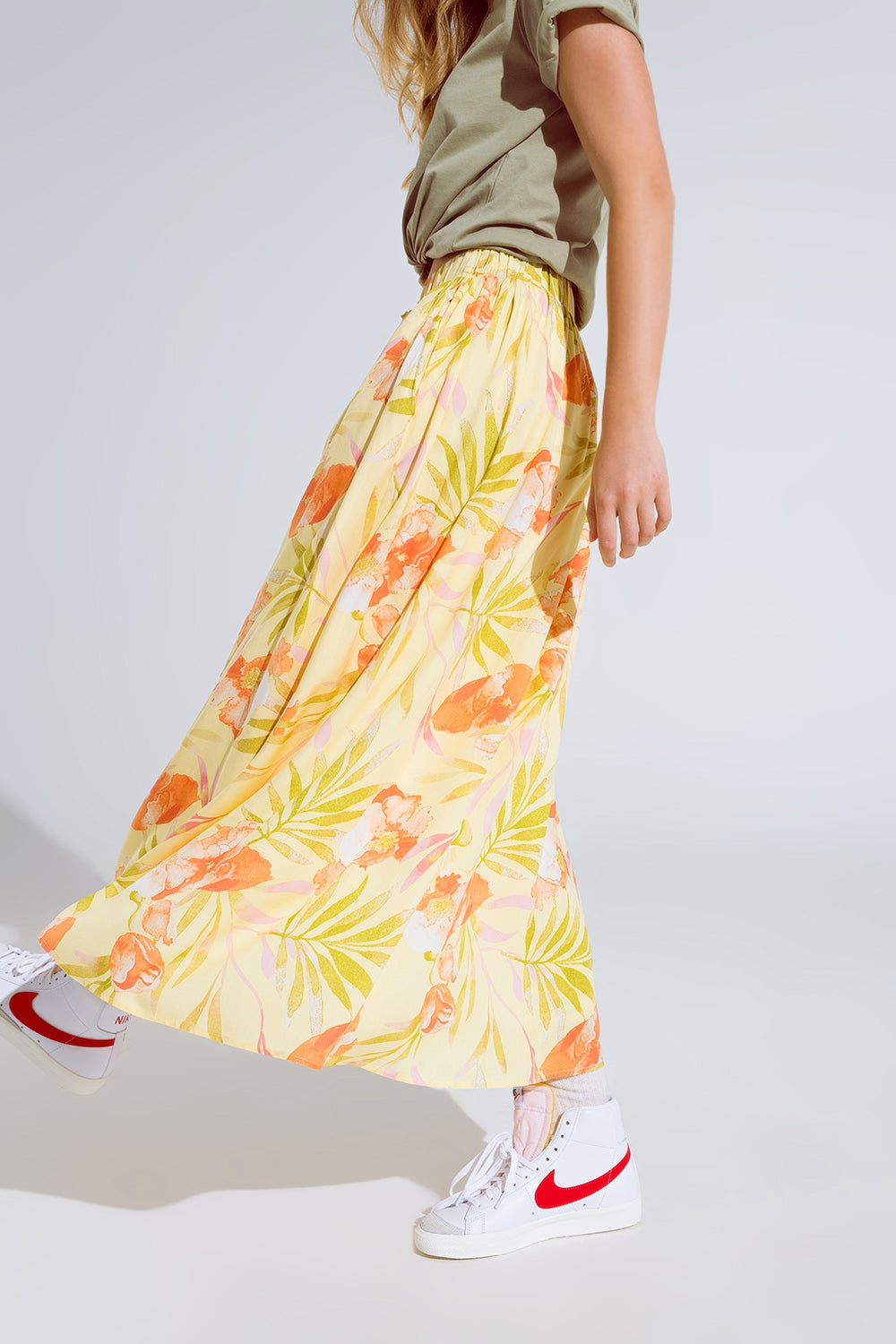 yellow maxi skirt with tropical print Q2 Skirts BoutiqueLua