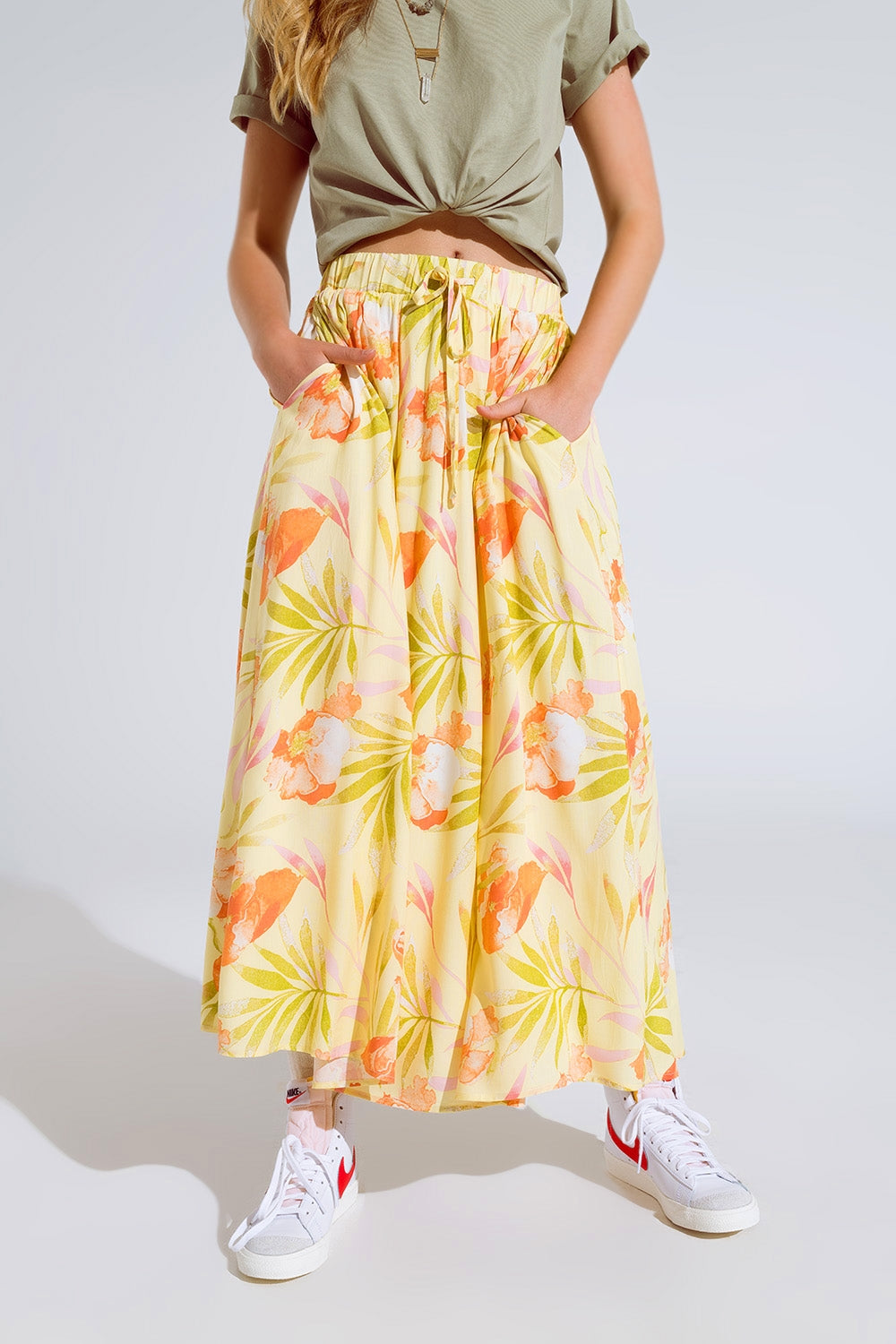 yellow maxi skirt with tropical print Q2 Skirts BoutiqueLua