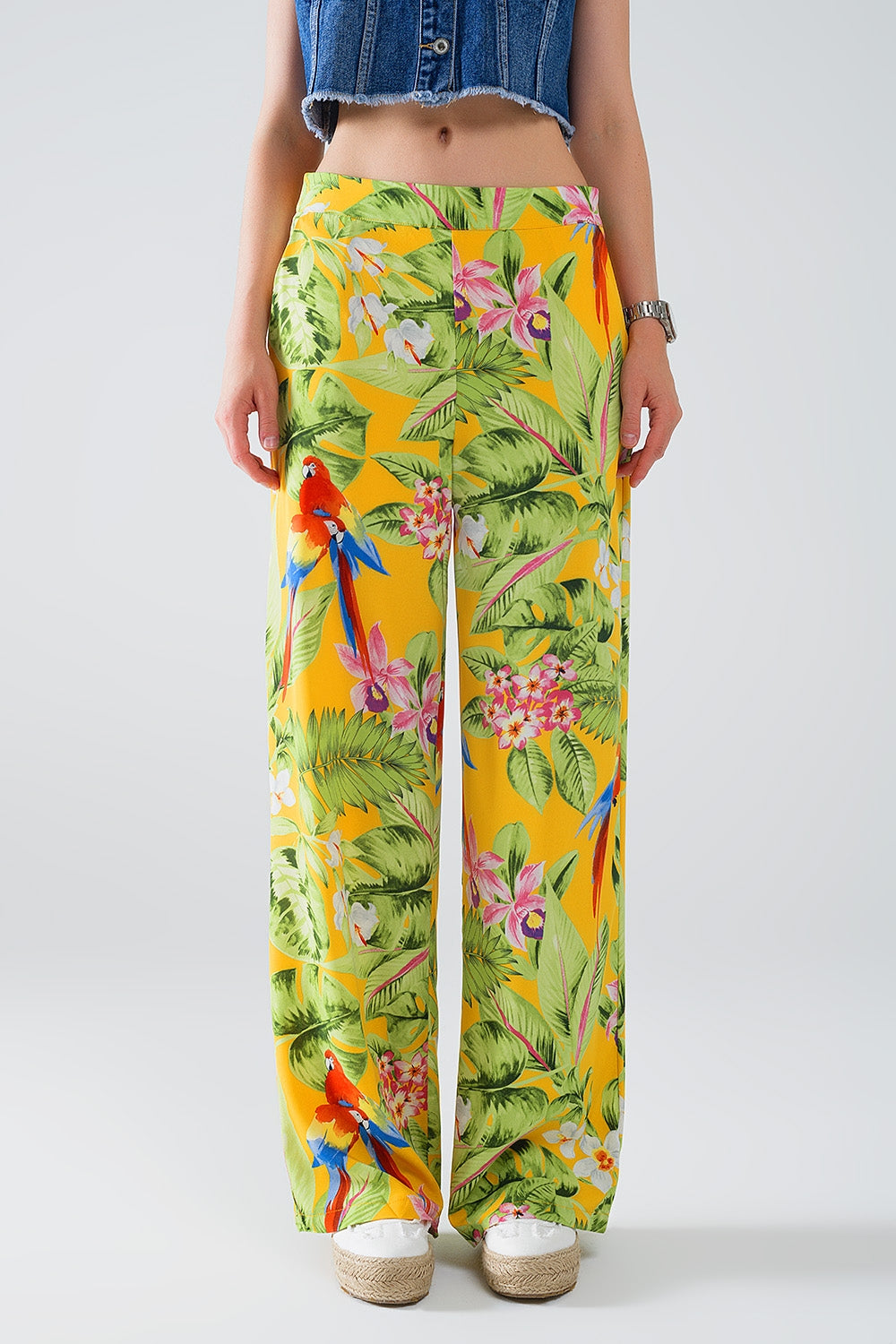 Yellow Pants with Tropical Print with Zip Side Q2 Pants BoutiqueLua