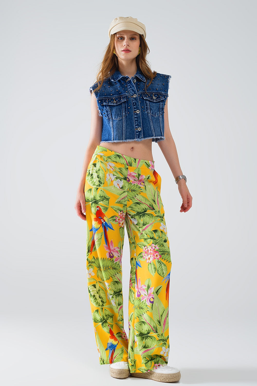 Yellow Pants with Tropical Print with Zip Side Q2 Pants BoutiqueLua