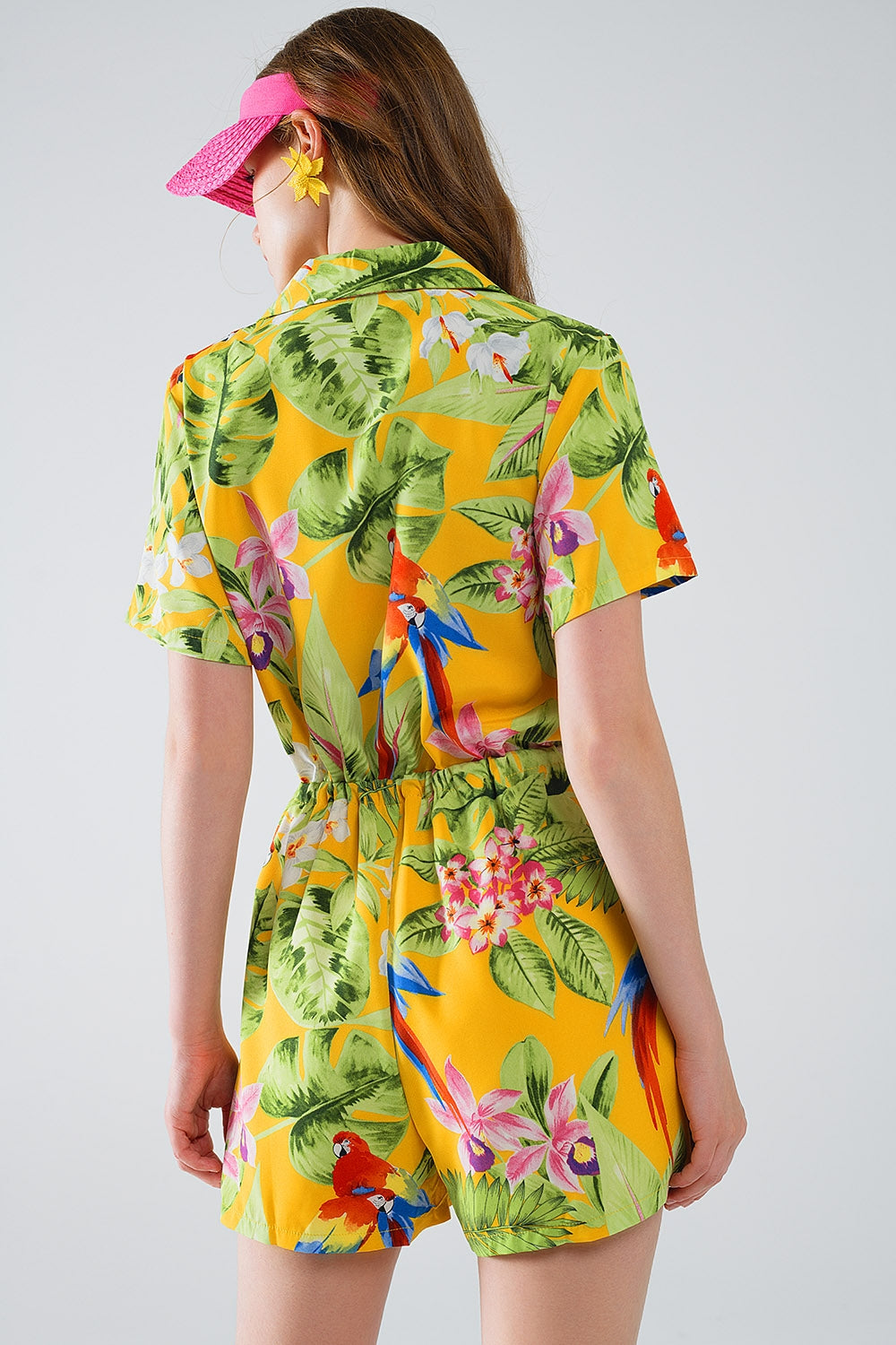 Yellow Short Jumpsuit with Tropical Print and Drawstring Closure Q2 Dresses BoutiqueLua