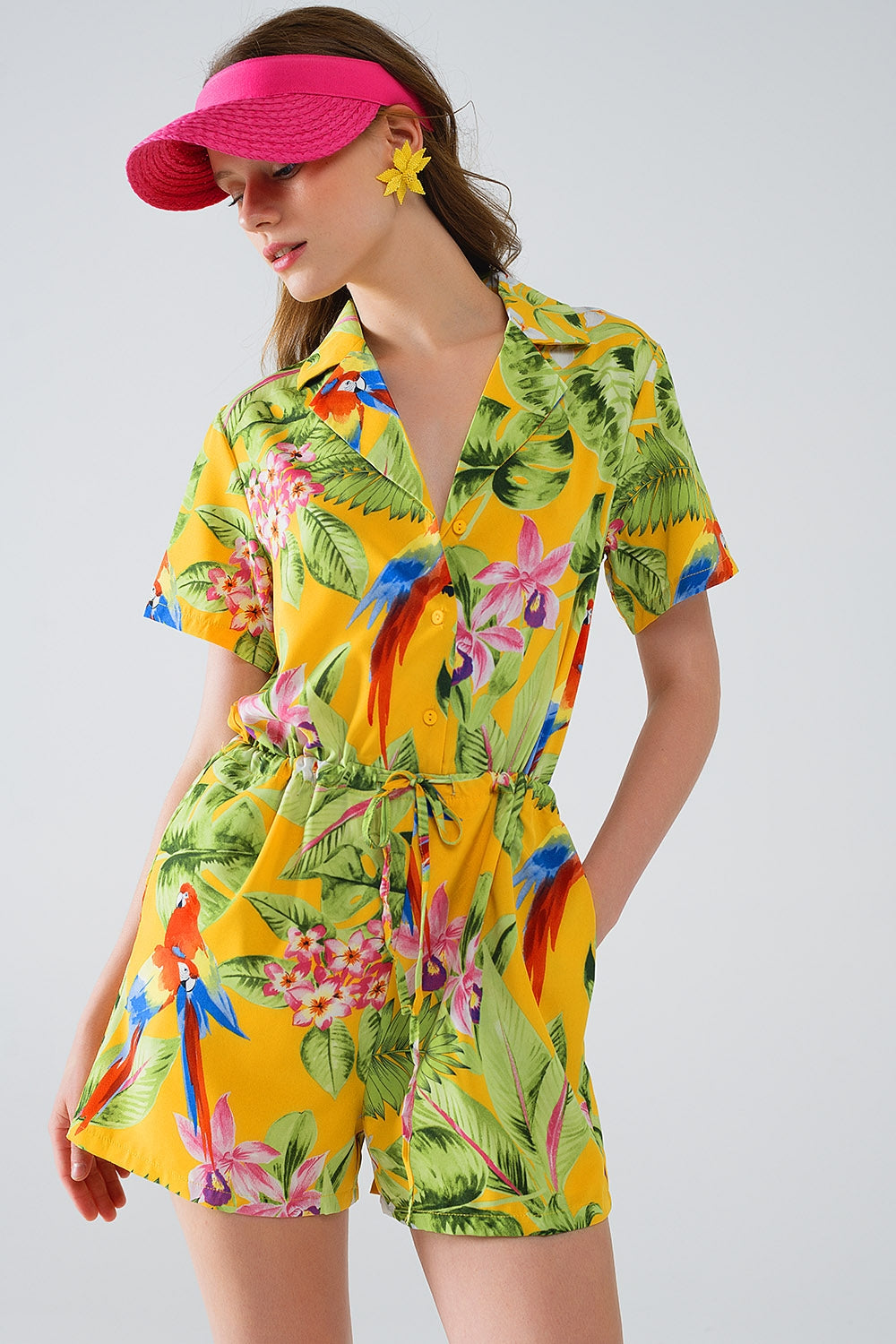 Yellow Short Jumpsuit with Tropical Print and Drawstring Closure Q2 Dresses BoutiqueLua