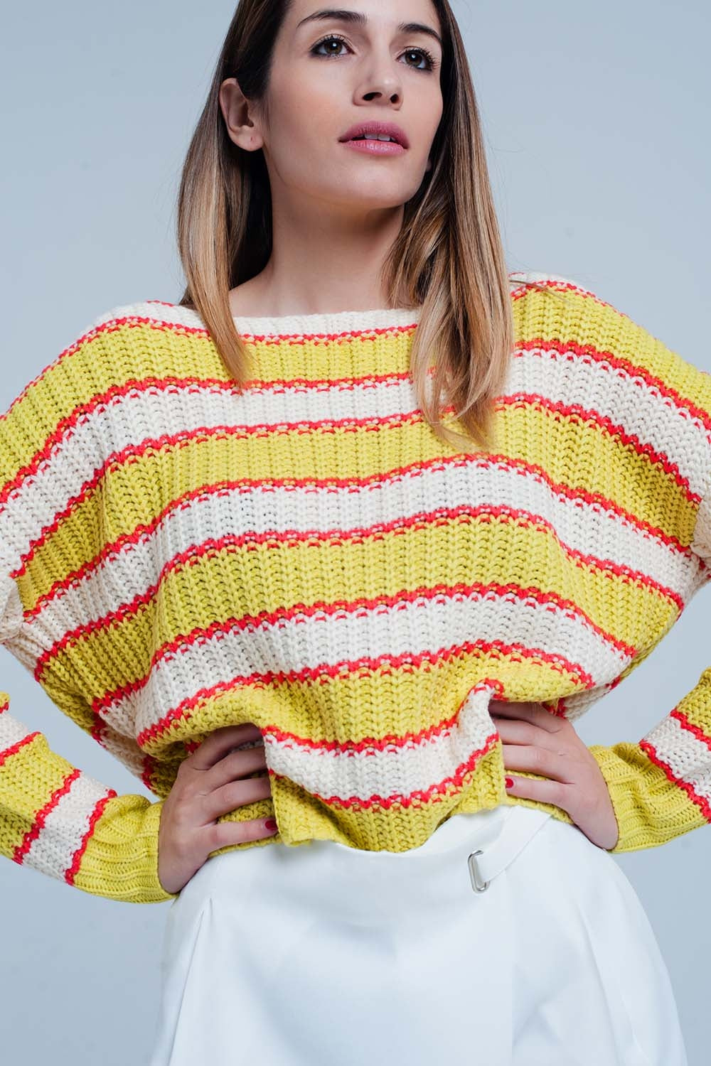 Yellow Striped Rib Stitch Knitted Sweater Q2 Sweaters BoutiqueLua