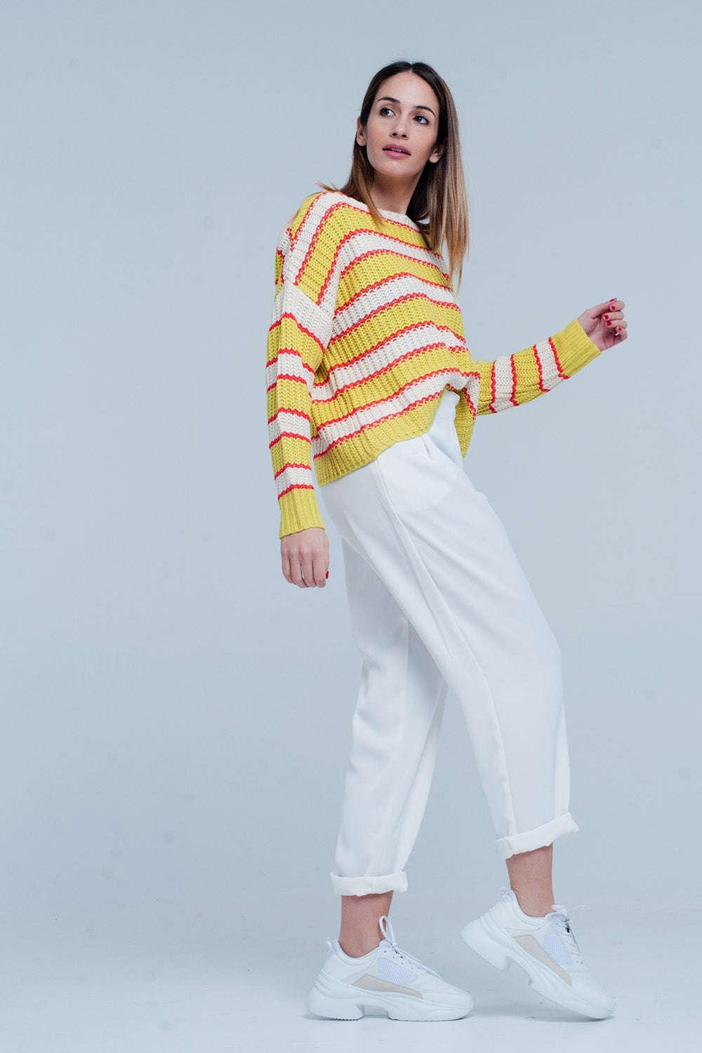 Yellow Striped Rib Stitch Knitted Sweater Q2 Sweaters BoutiqueLua