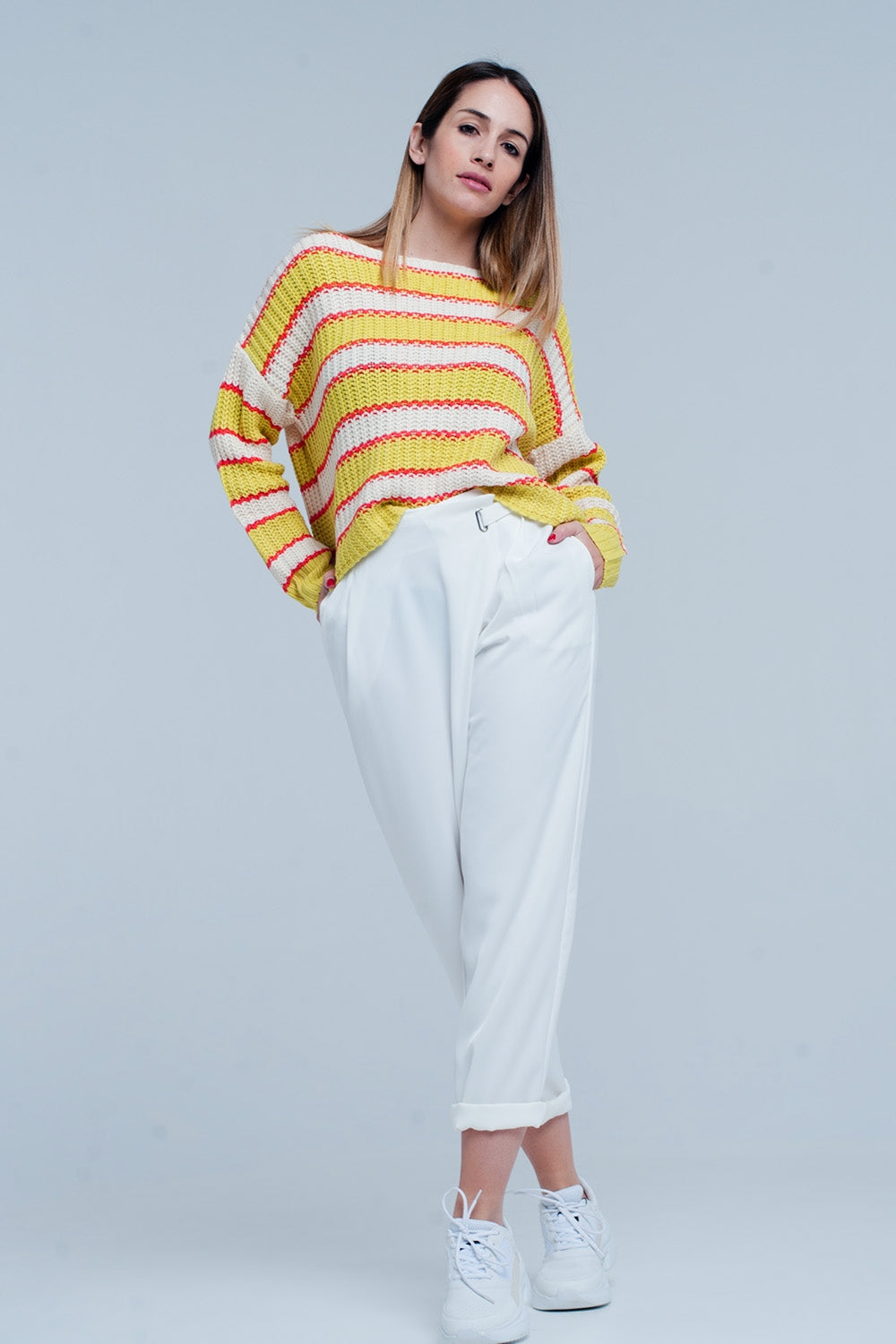 Yellow Striped Rib Stitch Knitted Sweater Q2 Sweaters BoutiqueLua