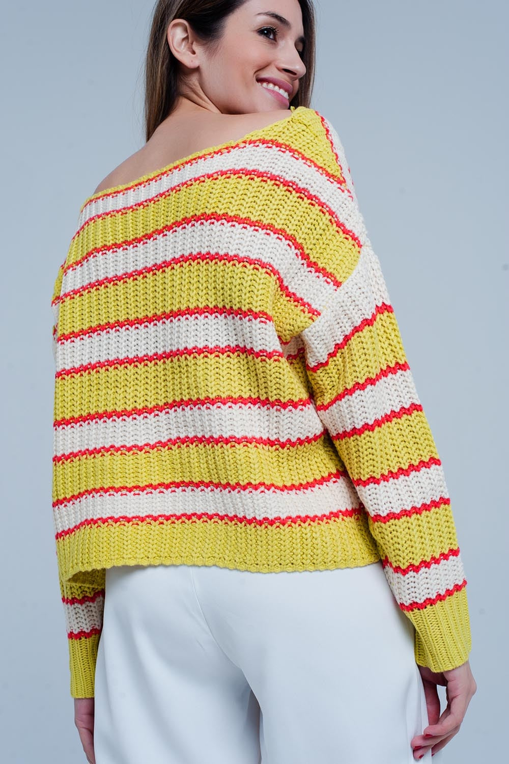 Yellow Striped Rib Stitch Knitted Sweater Q2 Sweaters BoutiqueLua