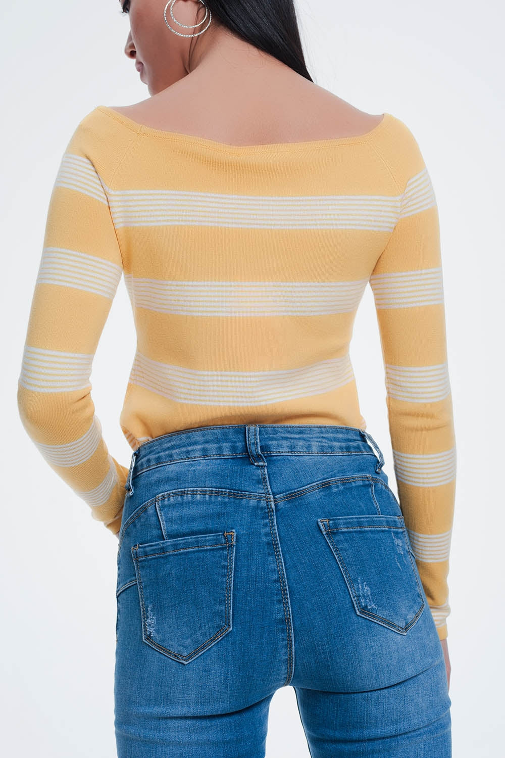 yellow striped sweater with boat neck Q2 Sweaters BoutiqueLua