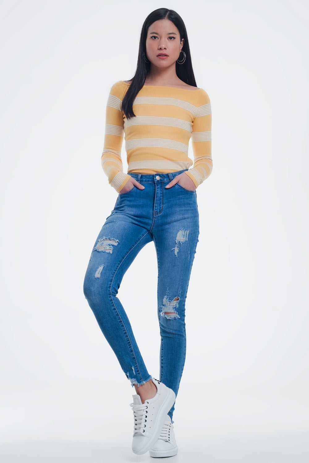 yellow striped sweater with boat neck Q2 Sweaters BoutiqueLua