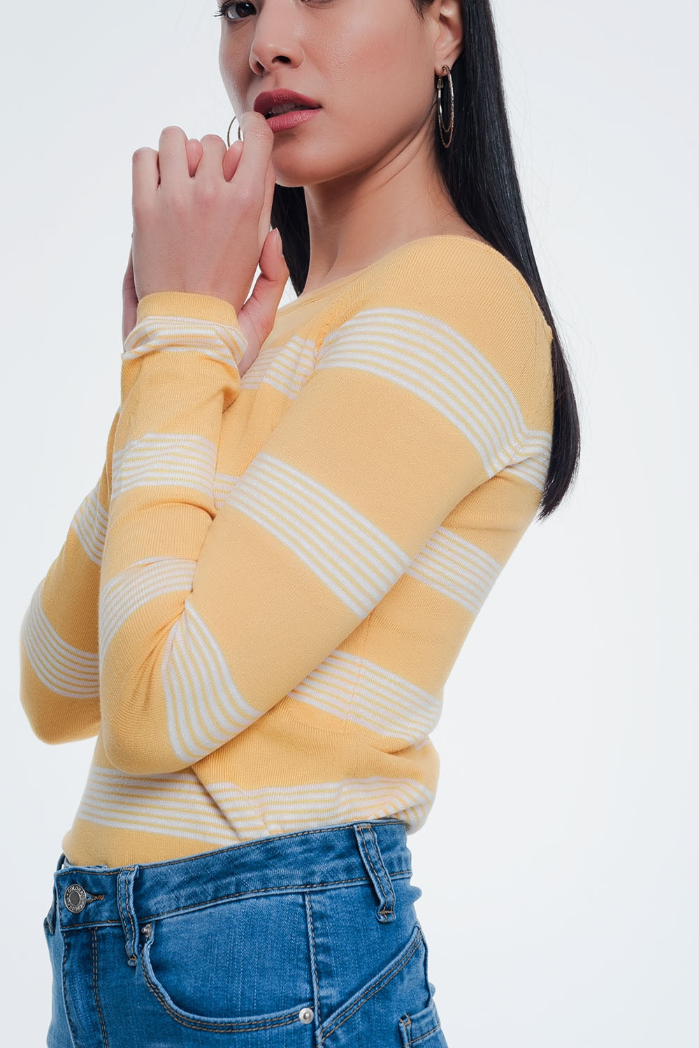 yellow striped sweater with boat neck Q2 Sweaters BoutiqueLua