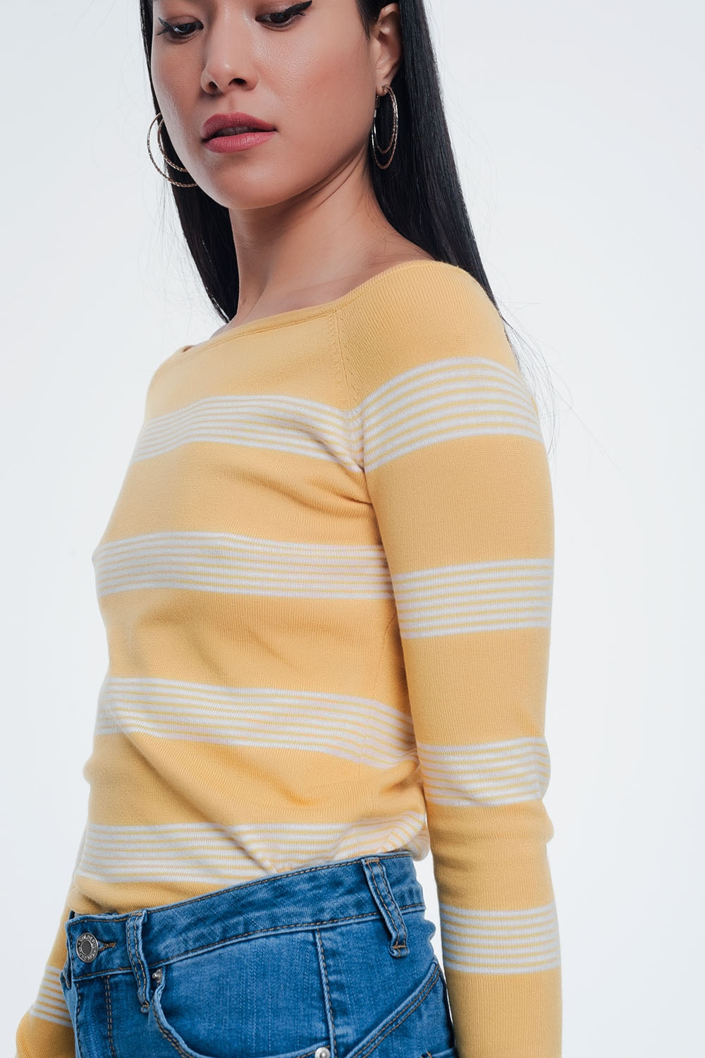 yellow striped sweater with boat neck Q2 Sweaters BoutiqueLua