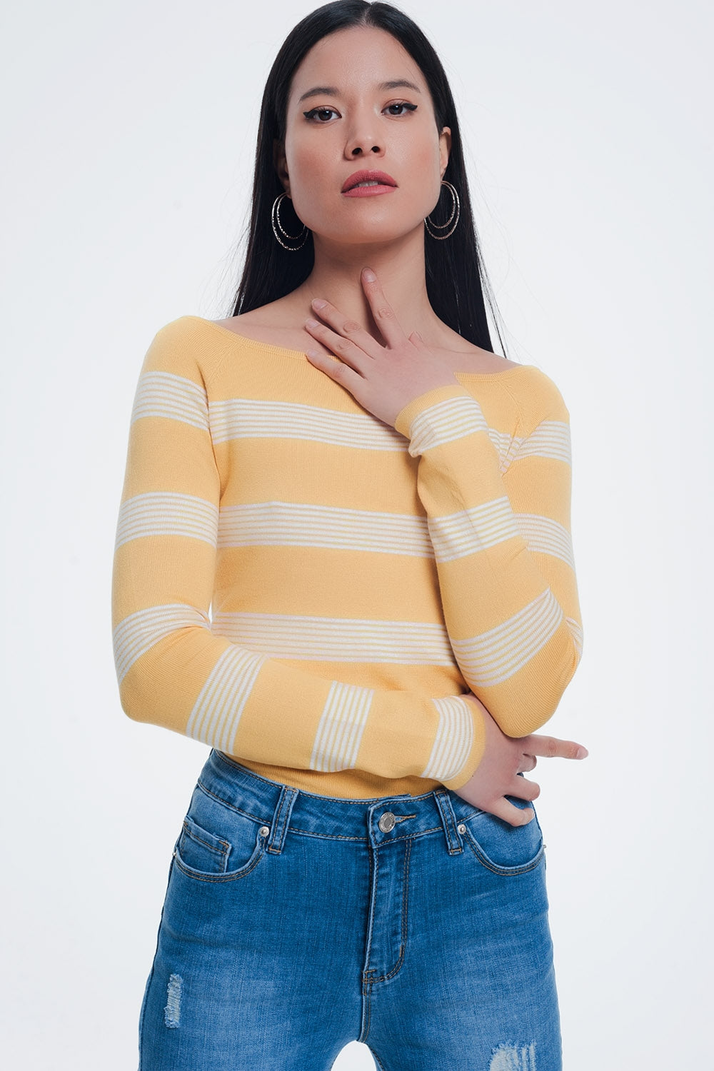 yellow striped sweater with boat neck Q2 Sweaters BoutiqueLua