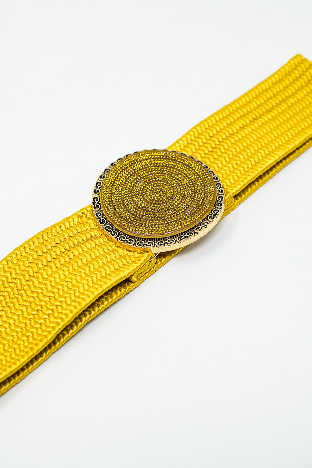 Yellow woven belt with round buckle with rhinestones Q2 Accessories BoutiqueLua